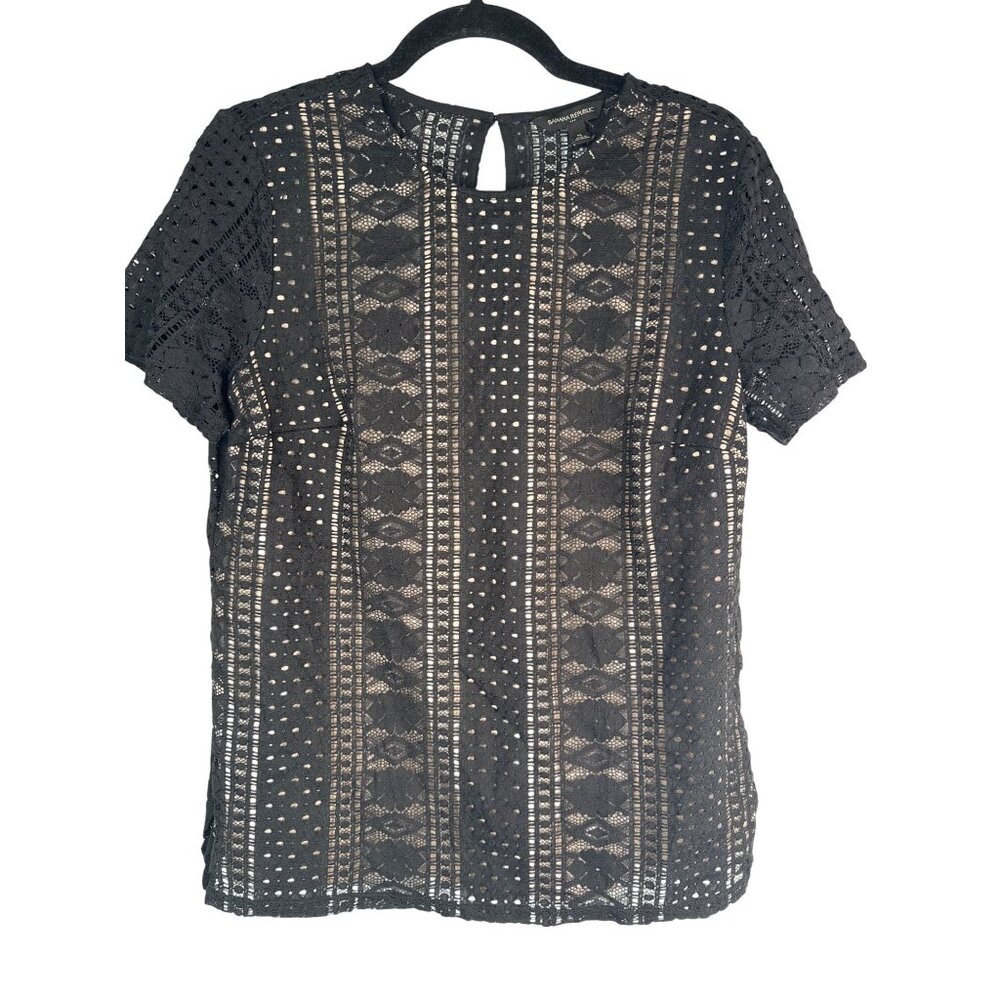2/$30 Banana Republic Black Lace Top M Short Sleeve Keyhole Back Nylon/Cotton Bl